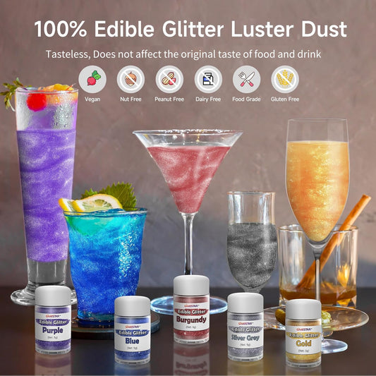 Vibrant 10-Color Edible Glitter Set, 100% Food Grade Luster Dust for Cakes, Cookies & Drinks