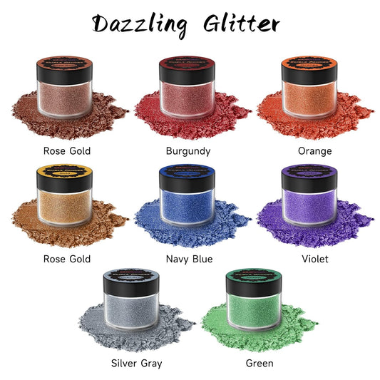 8 Colors Edible Glitter & Luster Dust Set with Application Brush & Spoon, for Cakes, Drinks Decorating