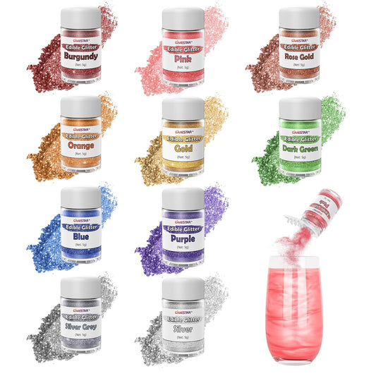 Vibrant 10-Color Edible Glitter Set, 100% Food Grade Luster Dust for Cakes, Cookies & Drinks