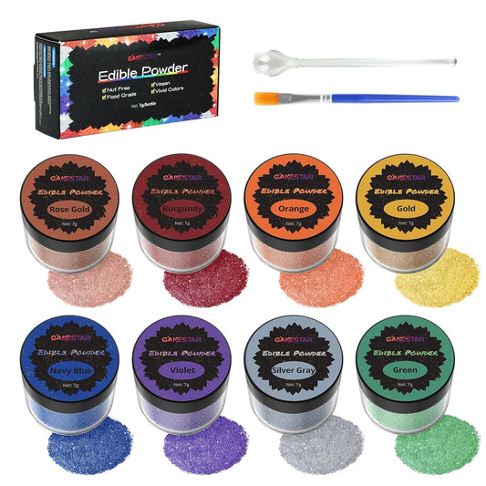 8 Colors Edible Glitter & Luster Dust Set with Application Brush & Spoon, for Cakes, Drinks Decorating